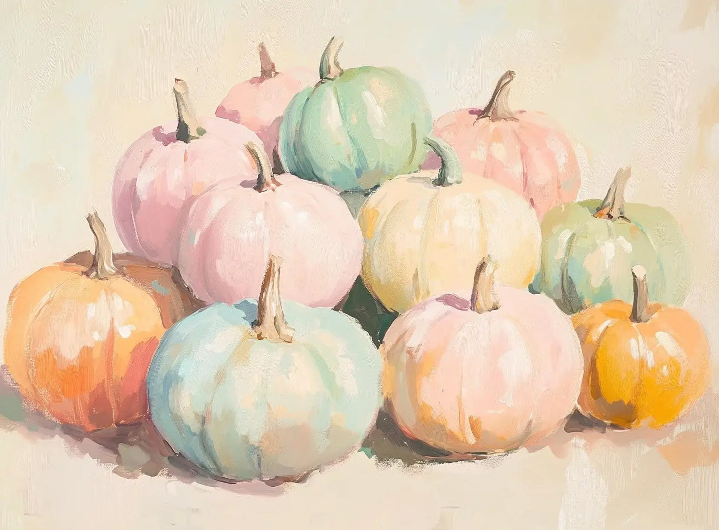 Vintage-style painting of pastel pumpkins in a retro Halloween décor setting.