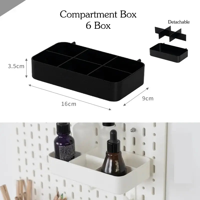 Compartiment de rangement mural détachable à 6 cases, dimensions 16cm x 9cm x 3.5cm, pour organiser la cuisine sans perçage