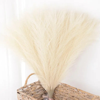 Bouquet de tiges de pampas beiges dans un panier en osier - décoration élégante et naturelle pour intérieur ou événement.