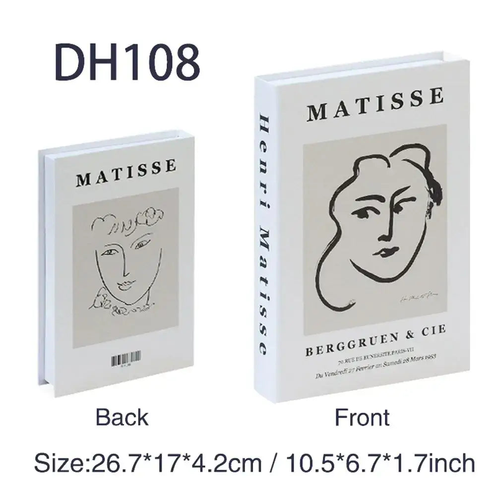 Faux livres de décoration bohème chic effet livre "Matisse" en papier, vues avant et arrière, taille indiquée 26.7*17*4.2cm