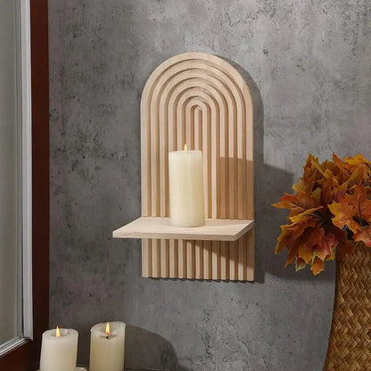 Bohemian pine wood wall shelf with decorative candle holder, enhancing interior with creative touch and perfect dimensions for any space.