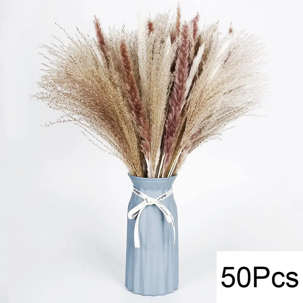 Bouquet de fleurs séchées naturelles pampas dans un vase gris, 50 pièces.