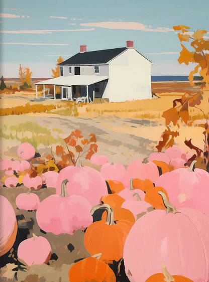 Retro autumn landscape with a farmhouse, surrounded by pink and orange pumpkins, showcasing a nostalgic Halloween decor style.