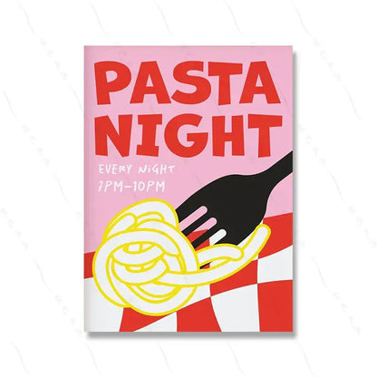 Poster featuring "Pasta Night" text with a fork twirling pasta on a checkered tablecloth background, promoting nightly dining from 7 PM to 10 PM.