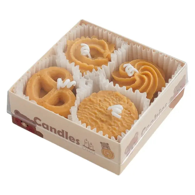 Set of cookie-shaped scented candles in a box, perfect for unique decoration or gift, made from natural soy wax for clean burning.