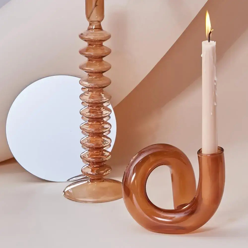 Vintage glass vase set with elegant candle holder and mirror, perfect for interior decoration. High-quality borosilicate handmade glass